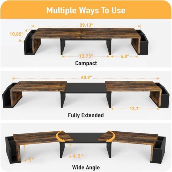Simple Houseware Desk Dual Monitor Stand Riser with Drawer, Rustic Brown - Picture 3 of 6